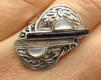 925 Sterling Silver Mother-of-Pearl and Black Onyx Marcasite Gem Wide Ring Size 7