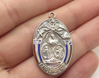 925 Sterling Silver Antique WWII Enamel US Army "Protect Us" Religious Pendant