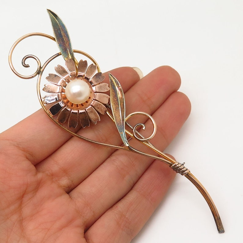 925 Sterling12K G.F Vintage Van Dell Real Pearl Floral Design Large Brooch