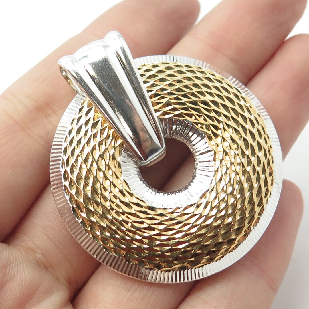 925 Sterling Silver 2-tone Vintage Textured Round Pendant - Etsy
