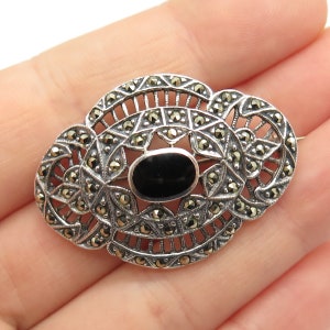 925 Sterling Silver Vintage Real Black Onyx and Marcasite Gem Pin Brooch