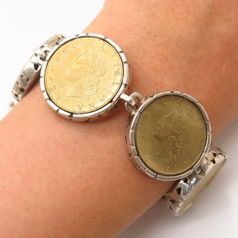 925 Sterling Silver Republica Italiana Coin Design Link Wide Bracelet 7