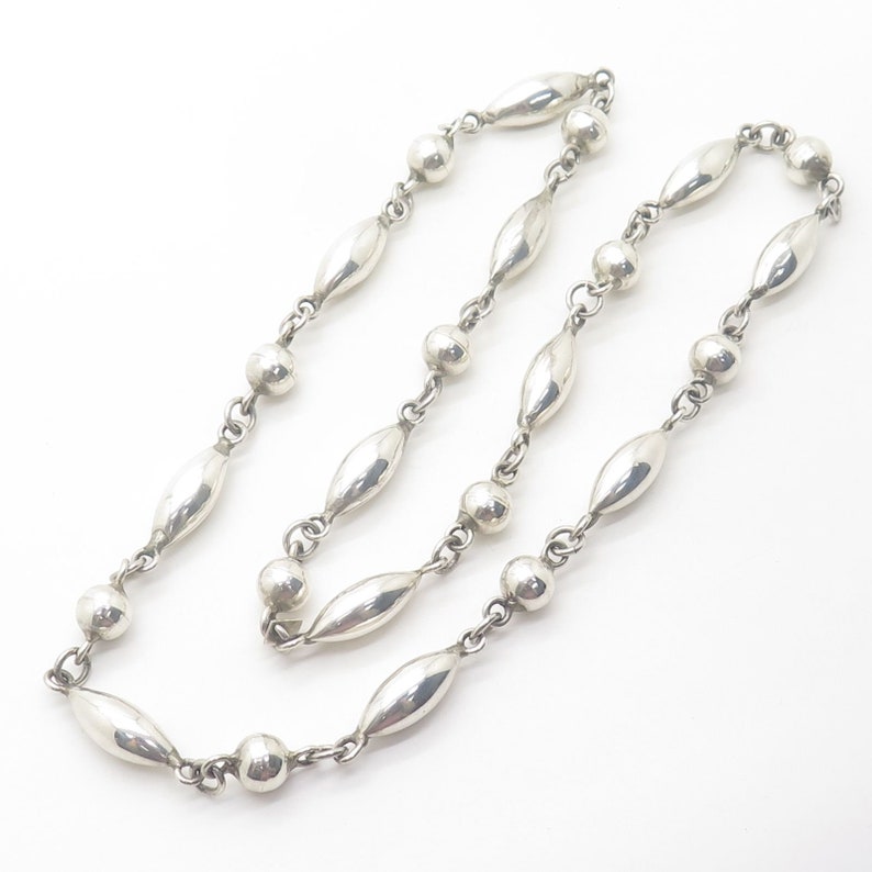 Vtg Mexico 925 Sterling Silver Long Hollow Modernist Bead Chain Necklace 28