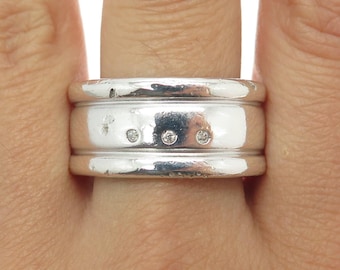 925 Sterling Silver Vintage Real Round-Cut Diamond Band Ring Size 11.75