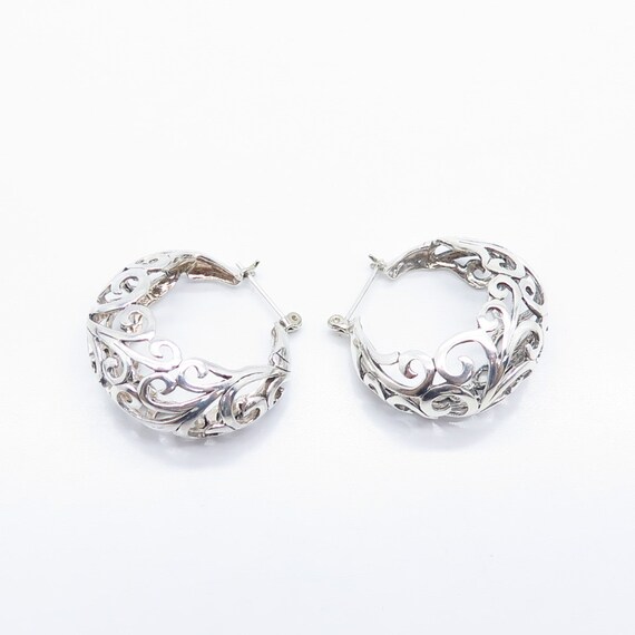 925 Sterling Silver Vintage Ornate Hoop Earrings - image 5