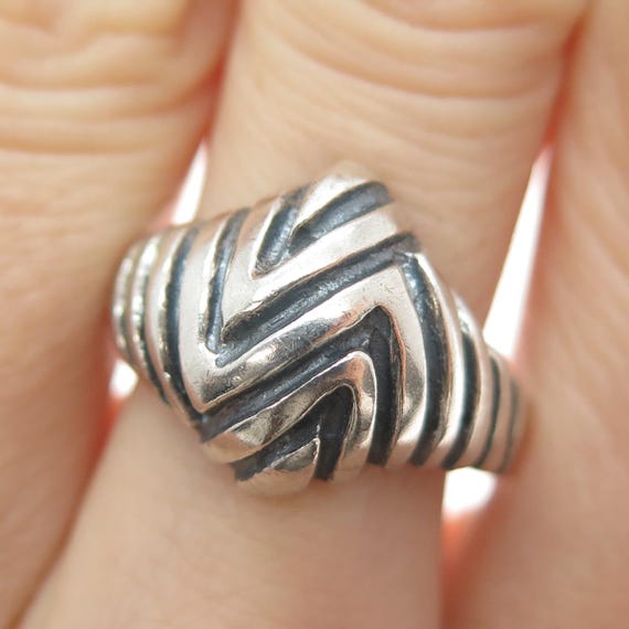 925 Sterling Silver Vintage Mexico Modernist Zig Zag Oxidized Ring