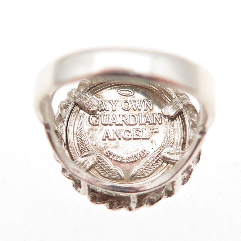 925 Sterling Silver Vintage Guardian Angel Coin Oxidized Ring Size 5.5 image 7