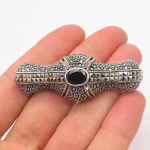 925 Sterling Silver Vintage Judith Jack Black Spinel and Marcasite Gem Pin Brooch