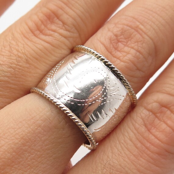 925 Sterling Silver 2-Tone Vintage Etched Wide Ba… - image 1