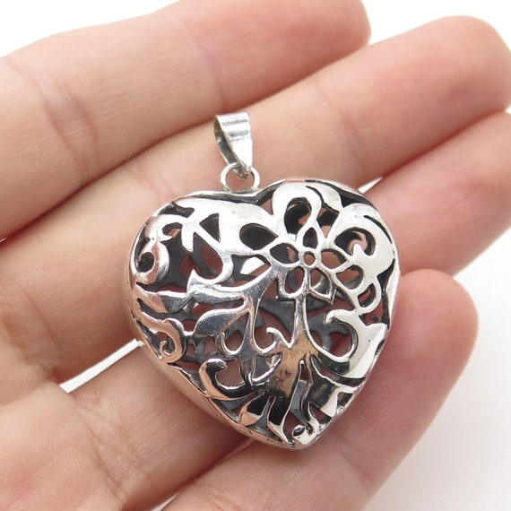 925 Sterling Silver Vintage Ornate Puffy Heart 3D… - image 2