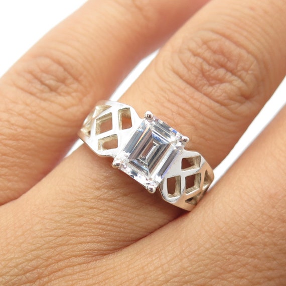 925 Sterling Silver Emerald-Cut Shaped C Z Cage R… - image 1