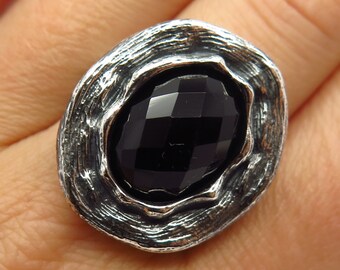 925 Sterling Silver Vintage Real Checkered Black Onyx Gem