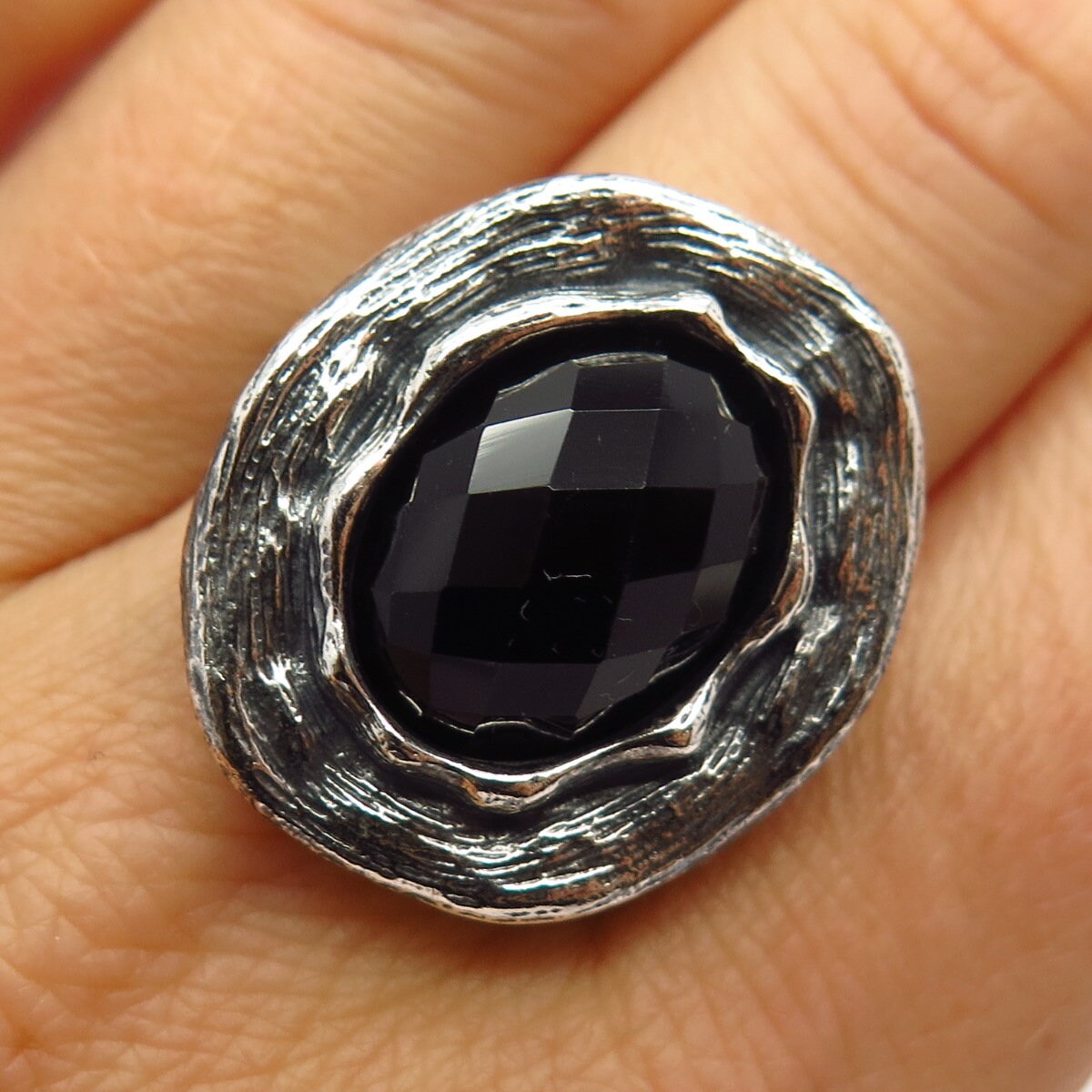 925 Sterling Silver Vintage Real Checkered Black Onyx Gem