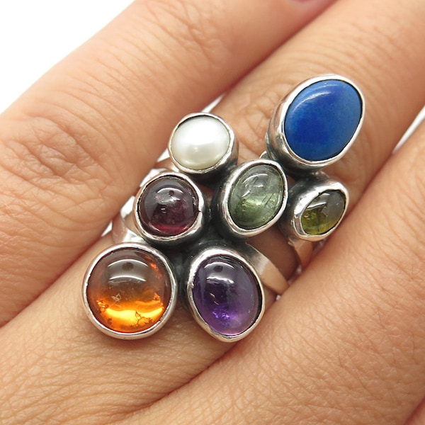 925 Sterling Silver Vintage Gilo and Grace Nakai Navajo Multi-Gem Ring Size 5.75
