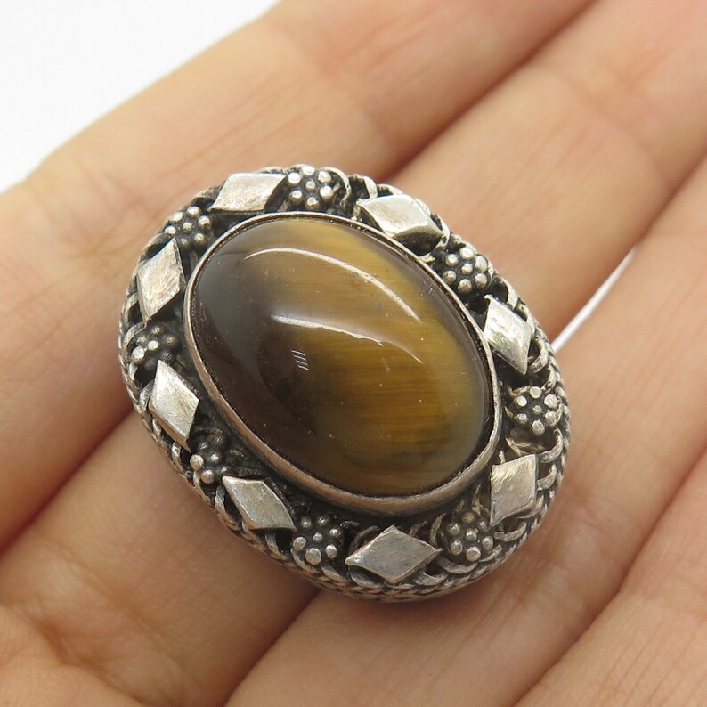 Israel Vtg 925 Sterling Silver Real Tiger Eye Gemstone Floral Piece