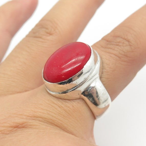 925 Sterling Silver Vintage Real Coral Ring Size … - image 2