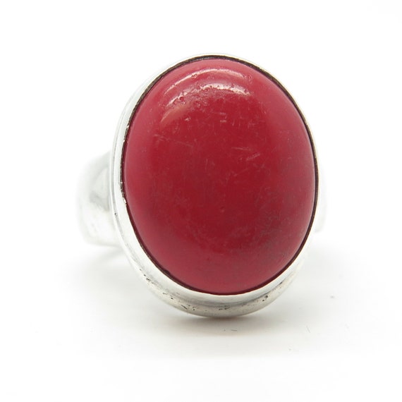 925 Sterling Silver Vintage Real Coral Ring Size … - image 3