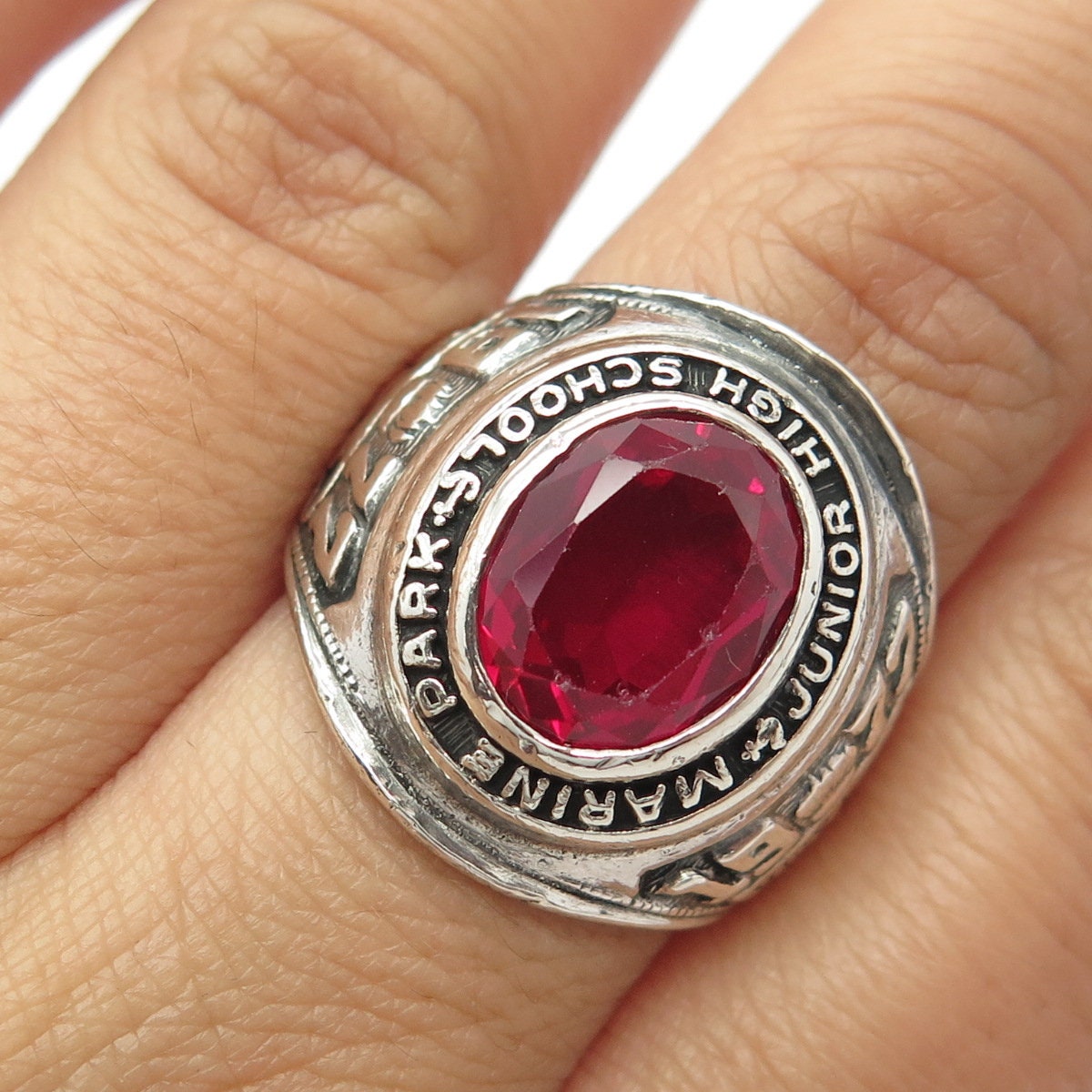 925 Sterling Silver Vintage 1977 Lab Ruby Marine Park School