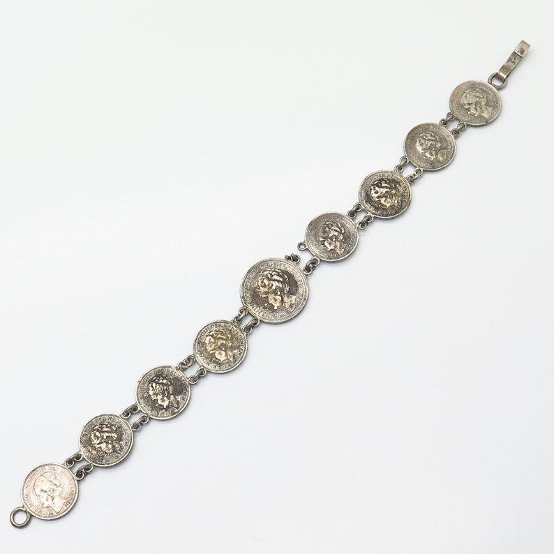 640 Silver Antique 1940s Wilhelmina Koningin Assorted Coin Link Bracelet 7 14