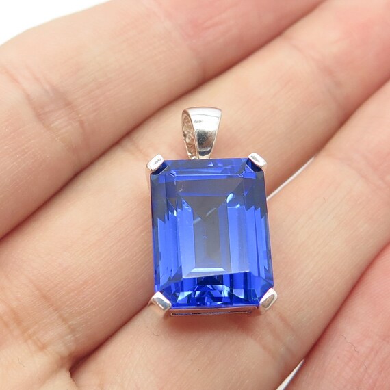 925 Sterling Silver Vintage Blue Glass Pendant - image 1