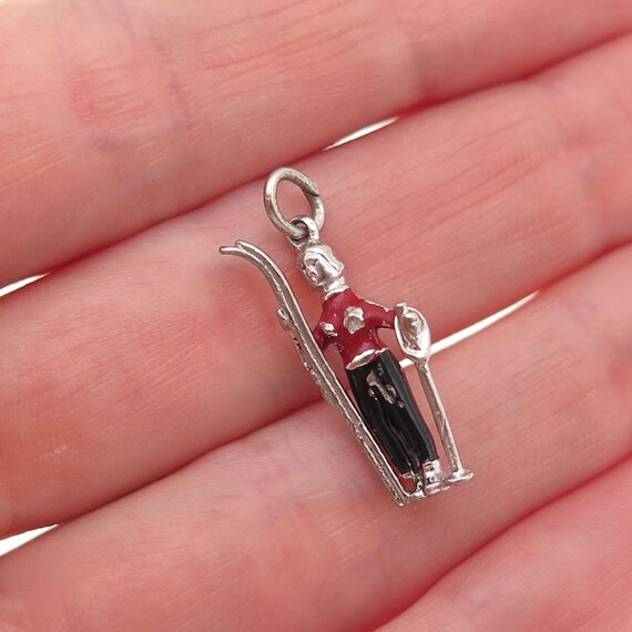 Wells Sterling Silver Antique Art Deco Enamel Female Skier Mini Charm Pendant