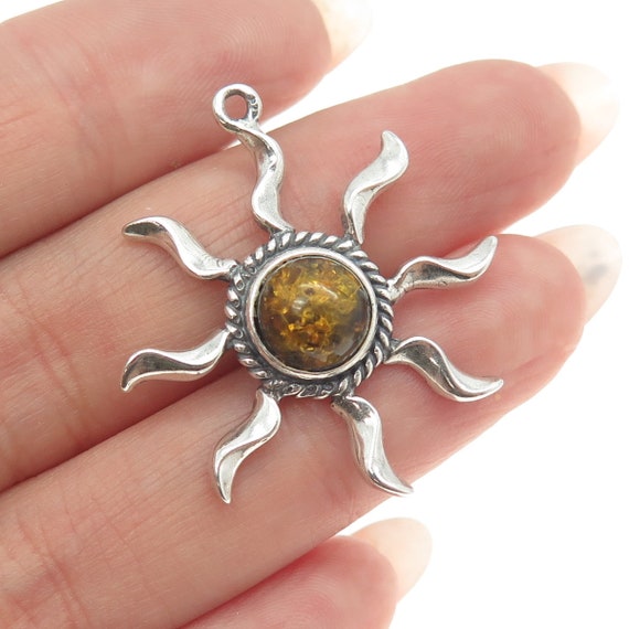 925 Sterling Silver Vintage Real Amber Sun Pendant