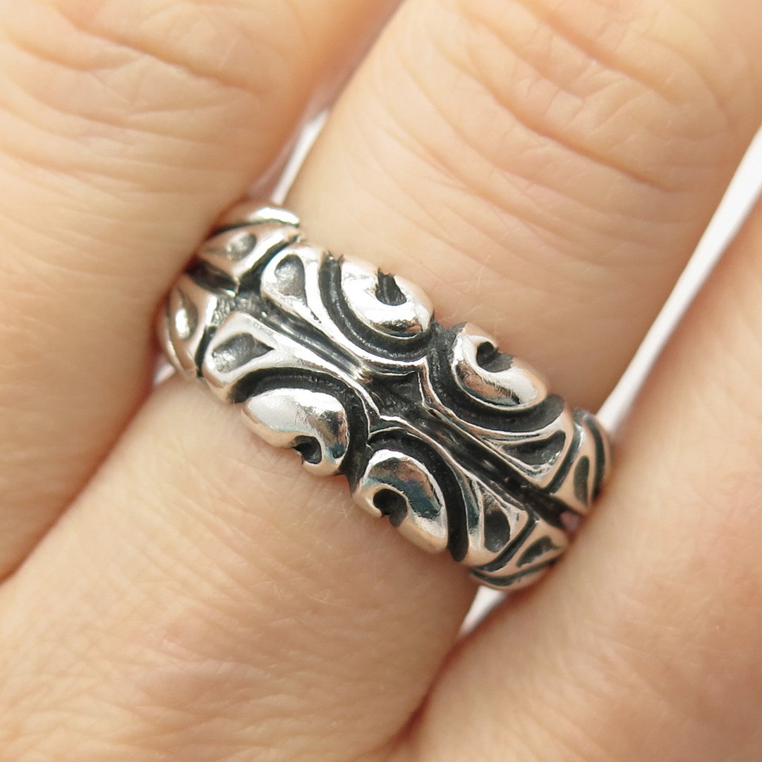 Swirl Harmony .925 Sterling Silver Band Ring - Ornate Oxidized Pattern, Handmade In Thailand - View #9