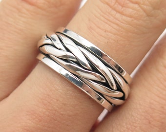 925 Sterling Silver Vintage Braided / Woven Rotating Band Ring Size 7 1/4