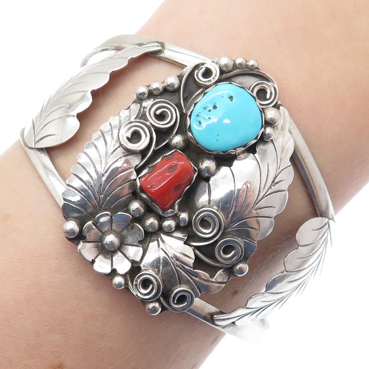 JOHNSON RALPH NAVAJO Old Pawn Sterling Turquoise & Coral