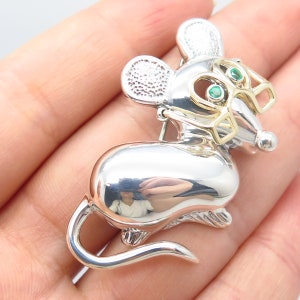 925 Sterling Silver / 14K Gold Vintage HandT Solow Emerald Gem Mouse Pin Brooch