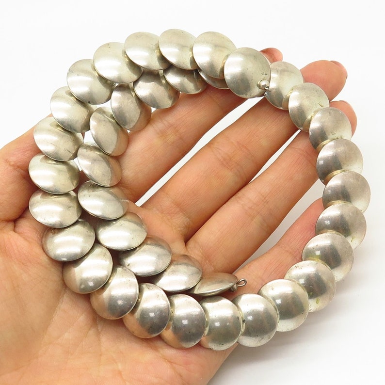 Vtg 925 Sterling Silver Puffy Disc Design Spiral Collar Necklace 15