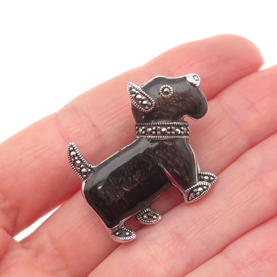 925 Sterling Silver Vintage Enamel Real Marcasite Scottish Terrier