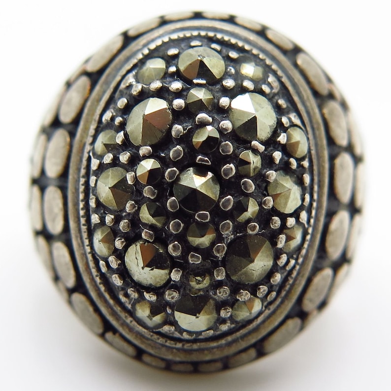 Vtg 925 Sterling Silver Marcasite Gemstone Wide Granulated Ring Size 8