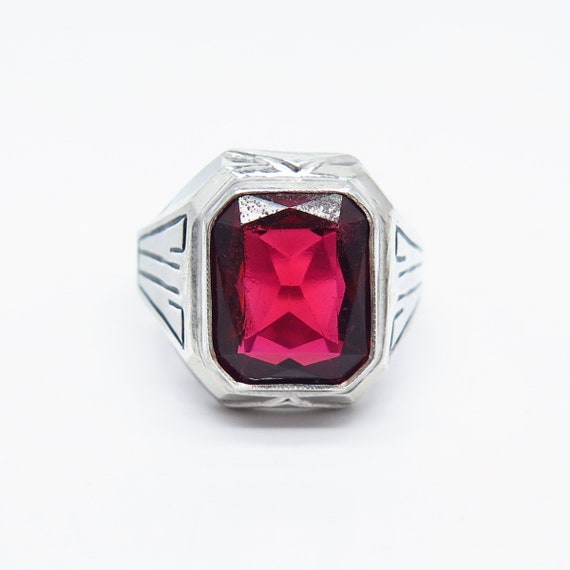 925 Sterling Silver Vintage Red Glass Ring Size 8… - image 3