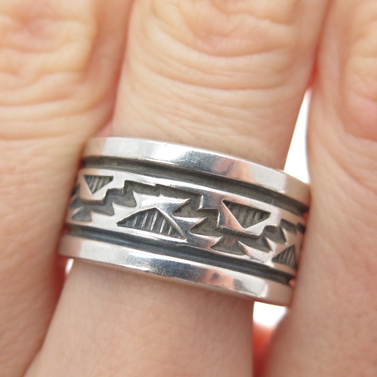 Navajo Troy Laner Sterling Silver Stamped Ring - Excellent