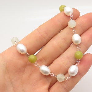 925 Sterling Silver Real Pearl Quartz and Jade Gem Bead Chain Necklace 18&quot;