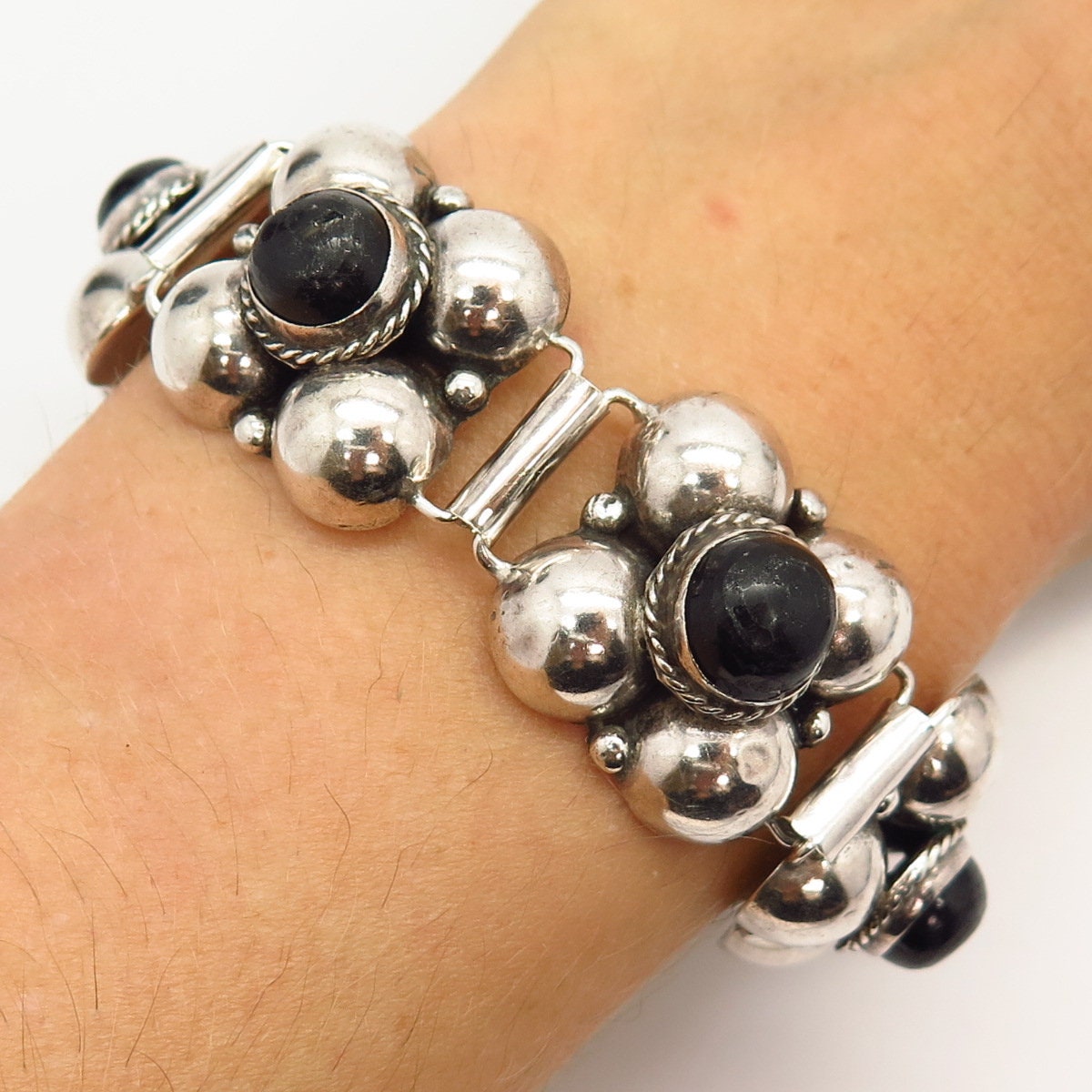 925 Sterling Vintage Mexico Black Onyx Gem Balls Panel Link Bracelet 7 1/4  - Etsy