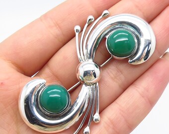 925 Sterling Silver Vintage Mexico Real Green Onyx Gemstone Pin Brooch