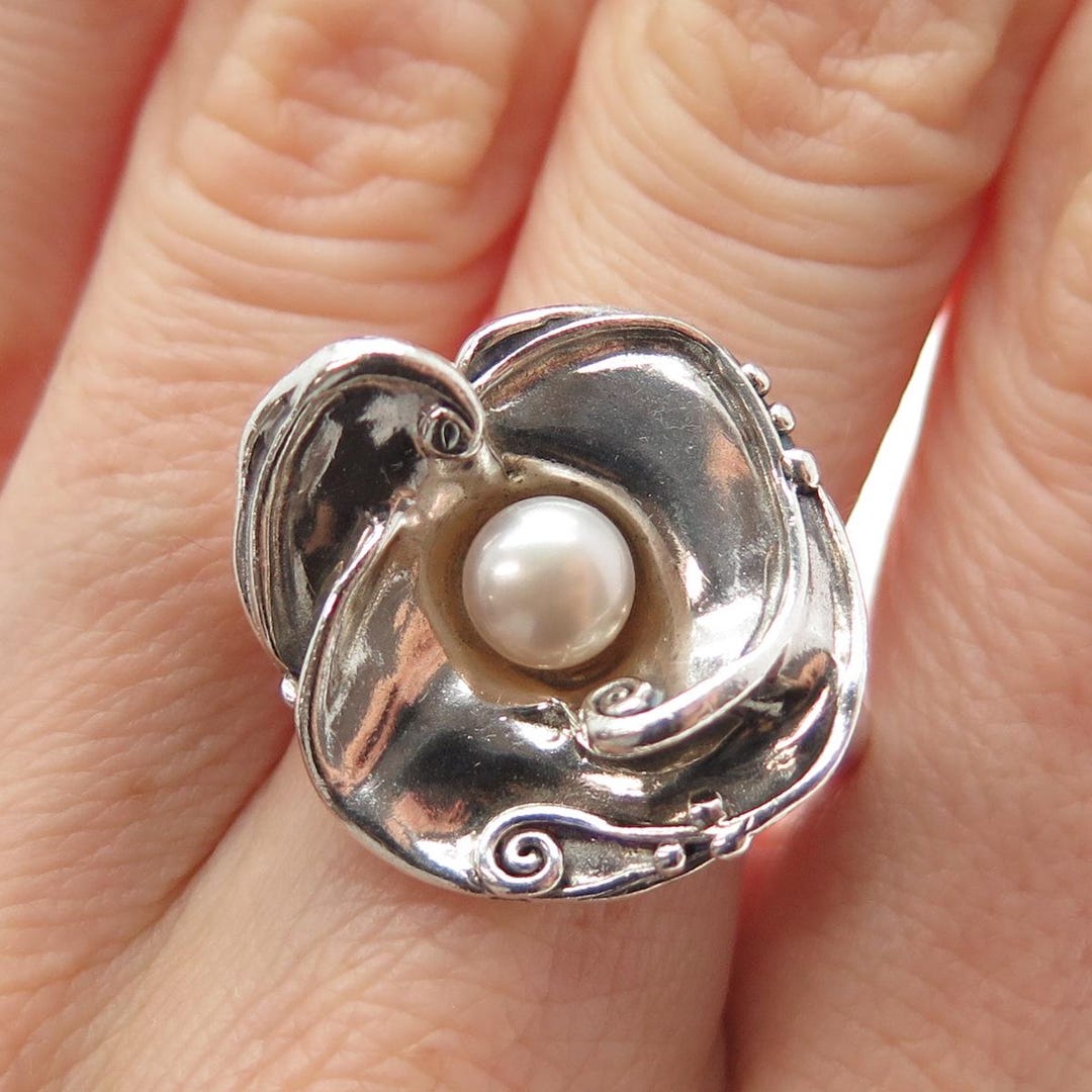 HAGIT GORALI 925 Sterling Silver Vintage Real Pearl Flower