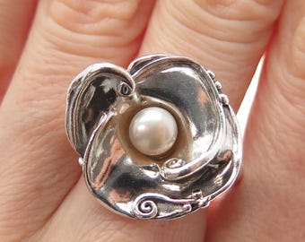 HAGIT GORALI 925 Sterling Silver Vintage Real Pearl Flower