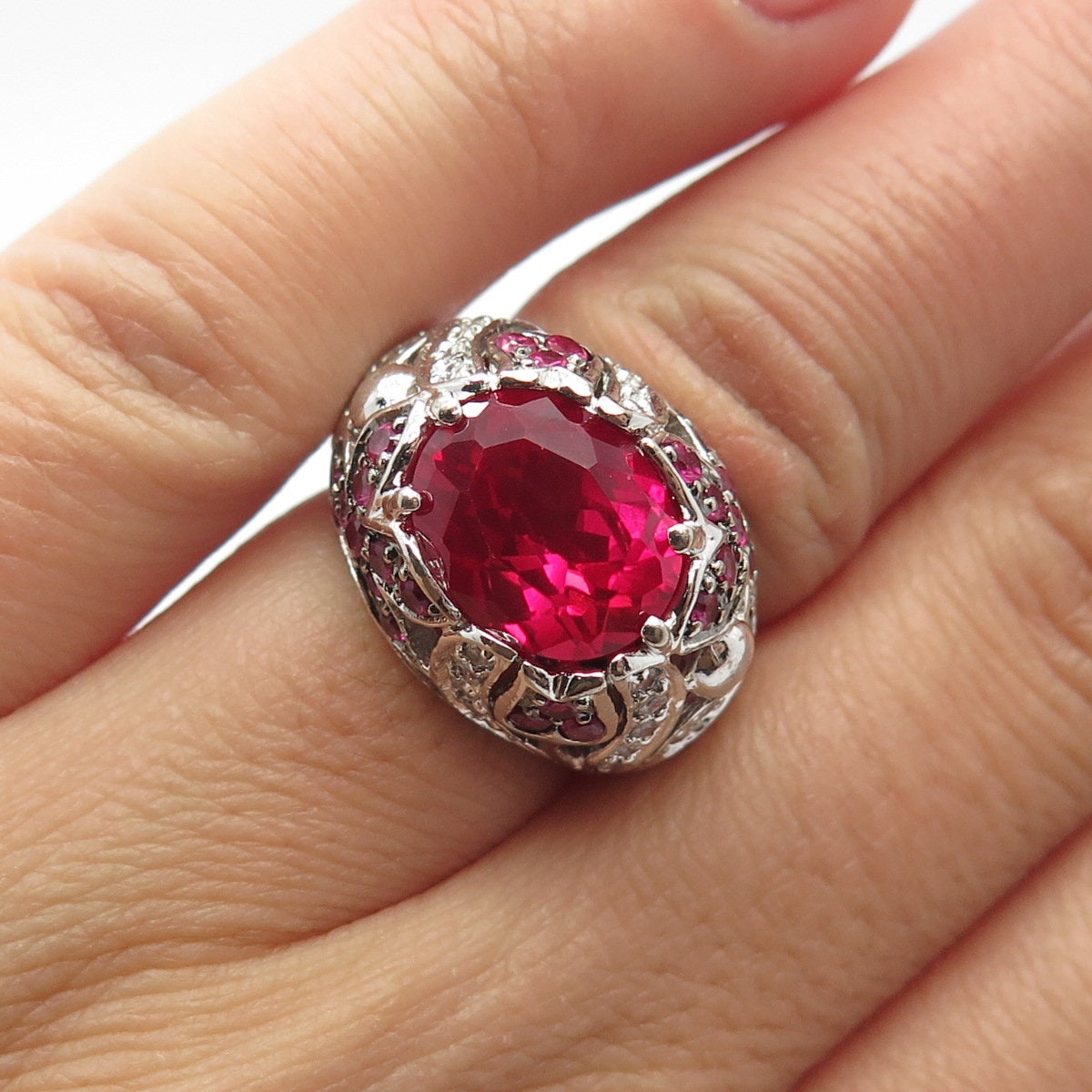 Bague Art Nouveau En Argent Massif 925 Avec Rubis Rose - Taille 53, Occasion