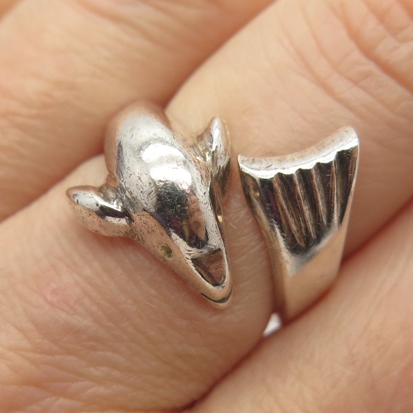 925 Sterling Silver Vintage Mexico Friendly Dolphin Wrapped Ring Size 8