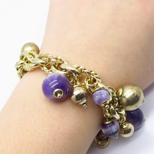 925 Sterling Silver Vintage Italy Real Amethyst Gem Beaded Link Bracelet 6.75&quot;