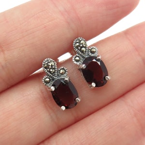 925 Sterling Silver Vintage Real Red Garnet and Marcasite Gemstone Stud Earrings