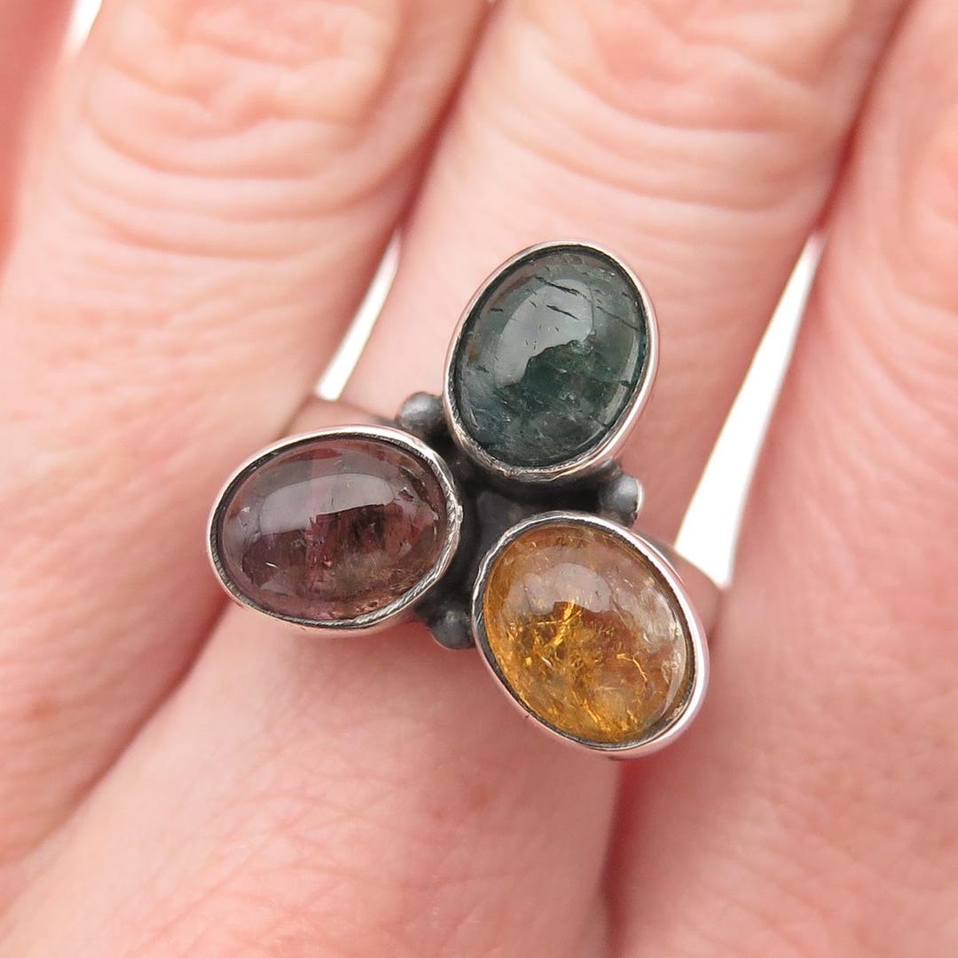 Real Silver Rings 925 Sterling Silver Vintage Real Multi-color Tourmaline Modernist Ring ...
