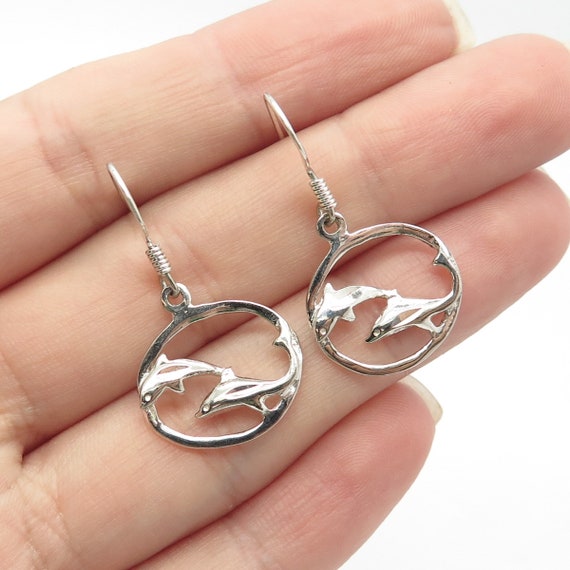 925 Sterling Silver Friendly Dolphin Dangling Hoo… - image 1