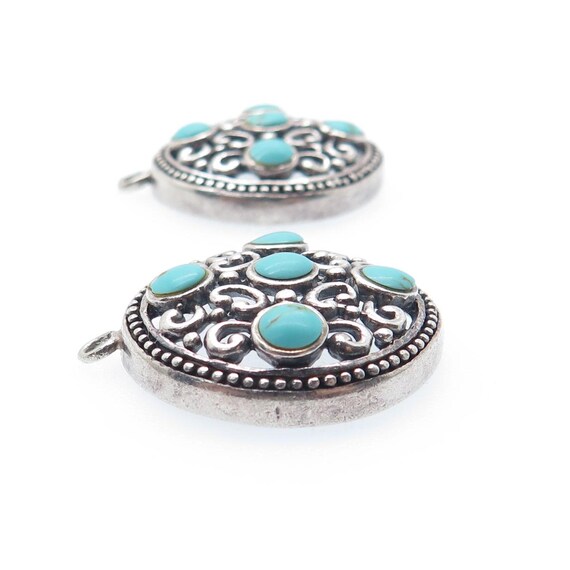 925 Sterling Silver Vintage Real Lone Mountain Turquoise Ornate Jacket Earrings View 5