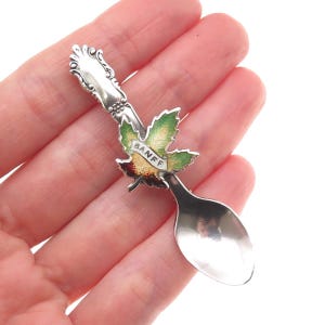 May include: A silver spoon with a maple leaf design. The leaf is green and brown with the word "BANFF" on a banner. The spoon has a decorative handle.