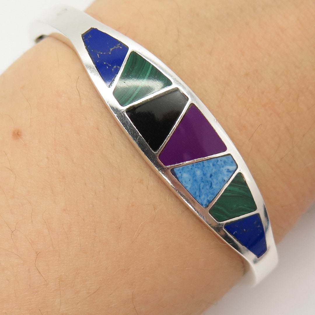 925 Sterling Silver Vintage Mexico Multi-color Gem Hinged