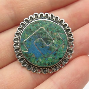 925 Sterling Silver Vintage Mexico Azurite Gem Inlay Maze Pin Brooch / Pendant